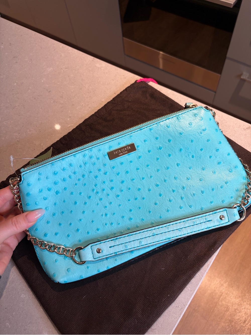 kate spade Turquoise Ostrich-Embossed Leather Wristlet Clutch with Chain